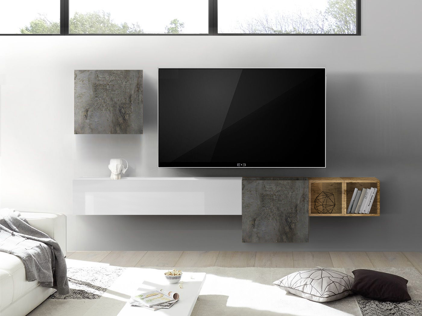 Parete attrezzata sospesa Bianco Lucido Miele e Ossido