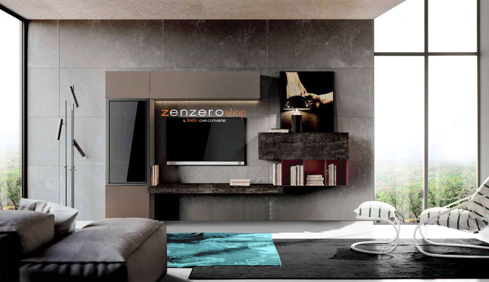 Parete attrezzata Made in Italy in finitura Legno bruciato, Bronzo e Moka