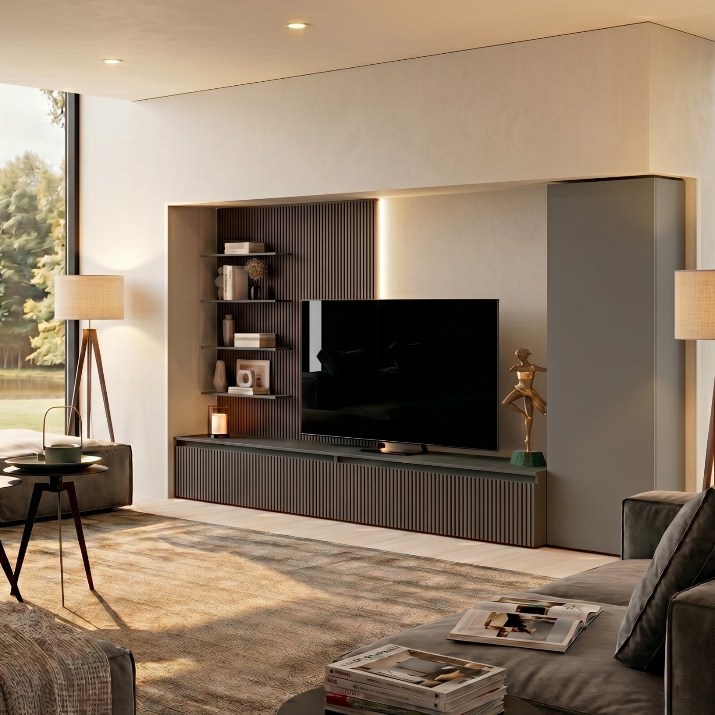 Parete attrezzata moderna con boiserie, Grigio cenere e Cannettato Grigio