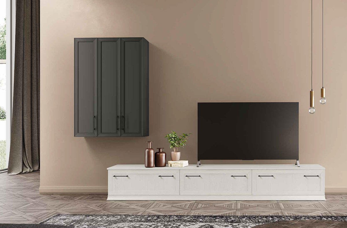 Parete attrezzata contemporanea, finitura Bucaneve e Grigio titanio 