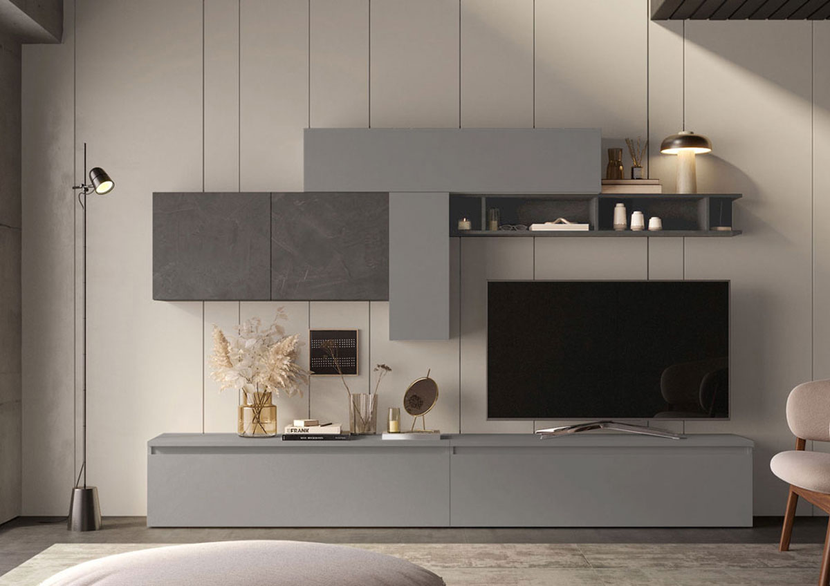 Parete attrezzata L.276 cm, finitura Ardesia e Piombo