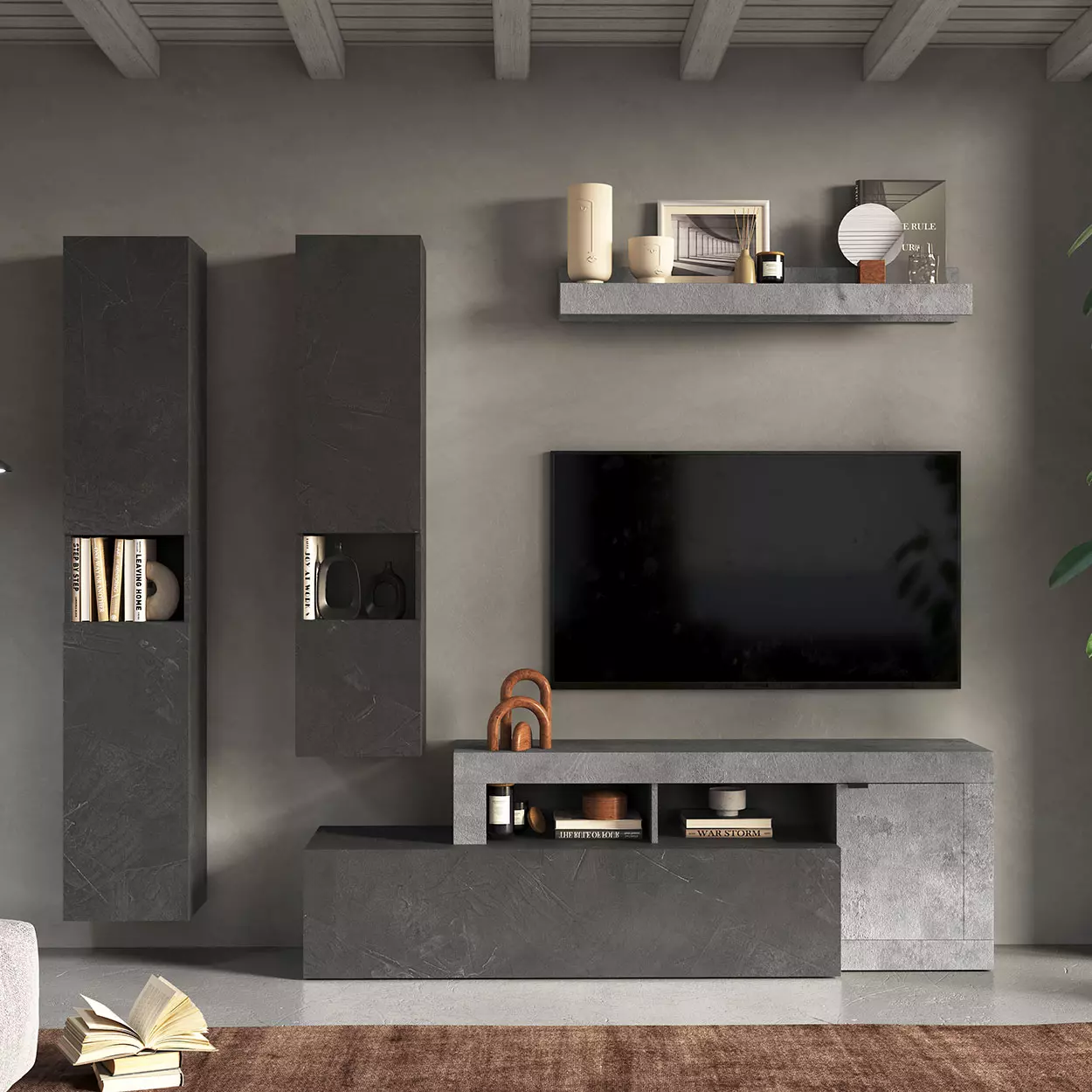 parete con porta tv e colonne