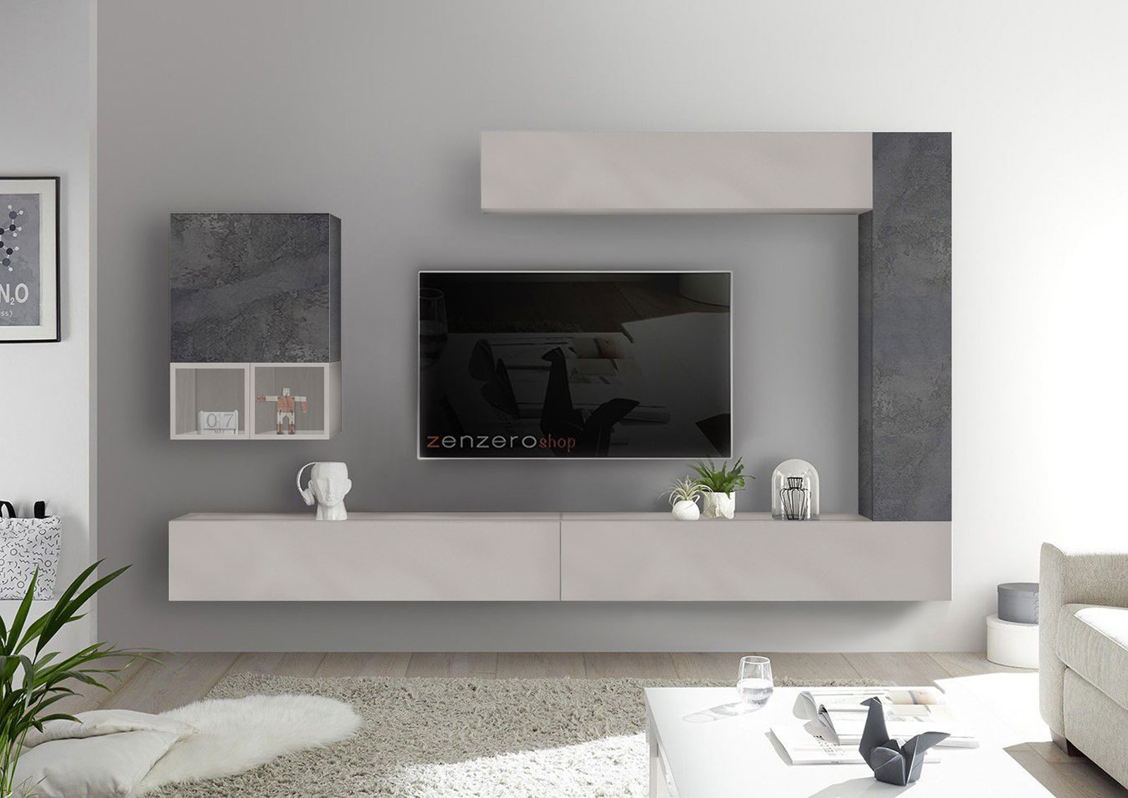 Soggiorno Zenzero moderno, parete attrezzata con con ribalte, pensili, cubi e vani a giorno, Piombo e Gesso