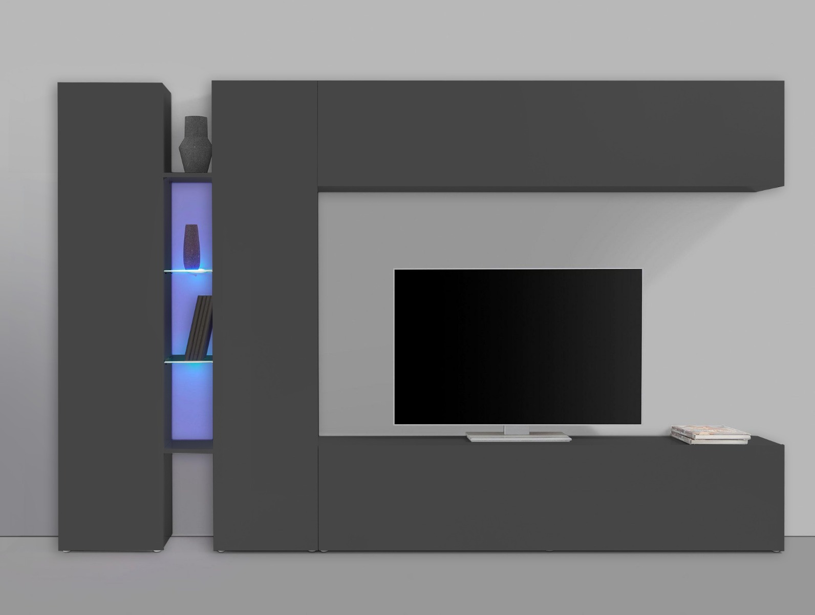 Parete attrezzata economica e moderna con vetrina L.280 cm, finitura Antracite lucido