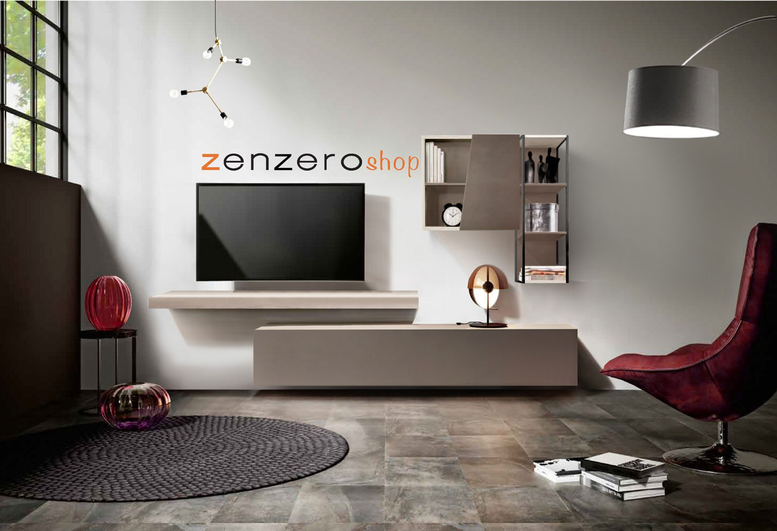 Parete attrezzata moderna finitura Bronzo e Rovere Sbiancato