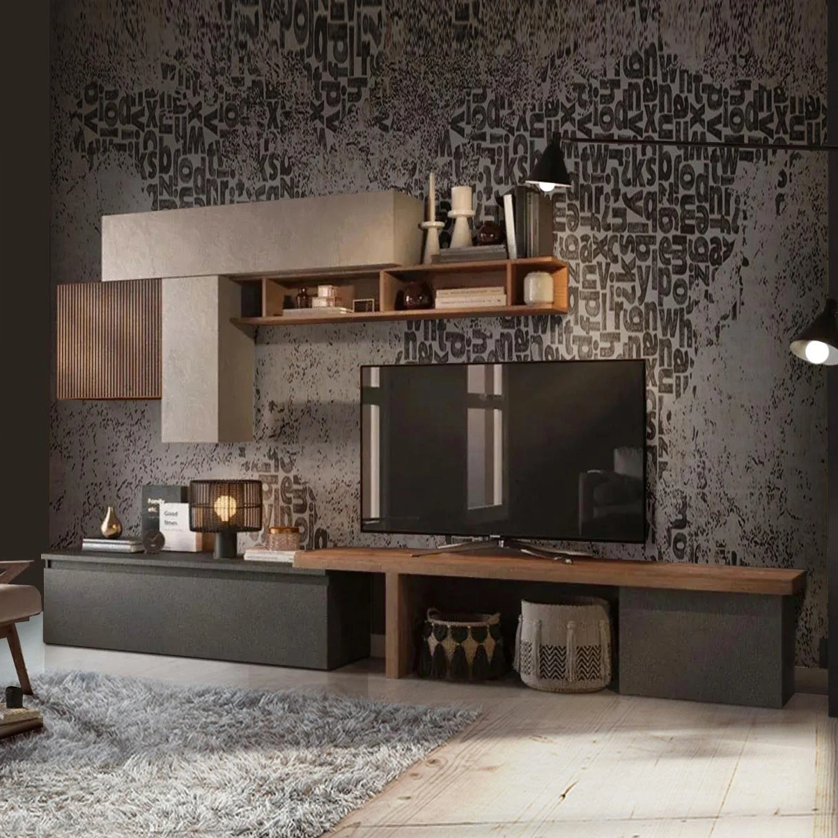 Acquista ora Parete Attrezzata Moderna 280x40x202 h cm, Mercure cannettato, Argilla e Lava, collezione Logica