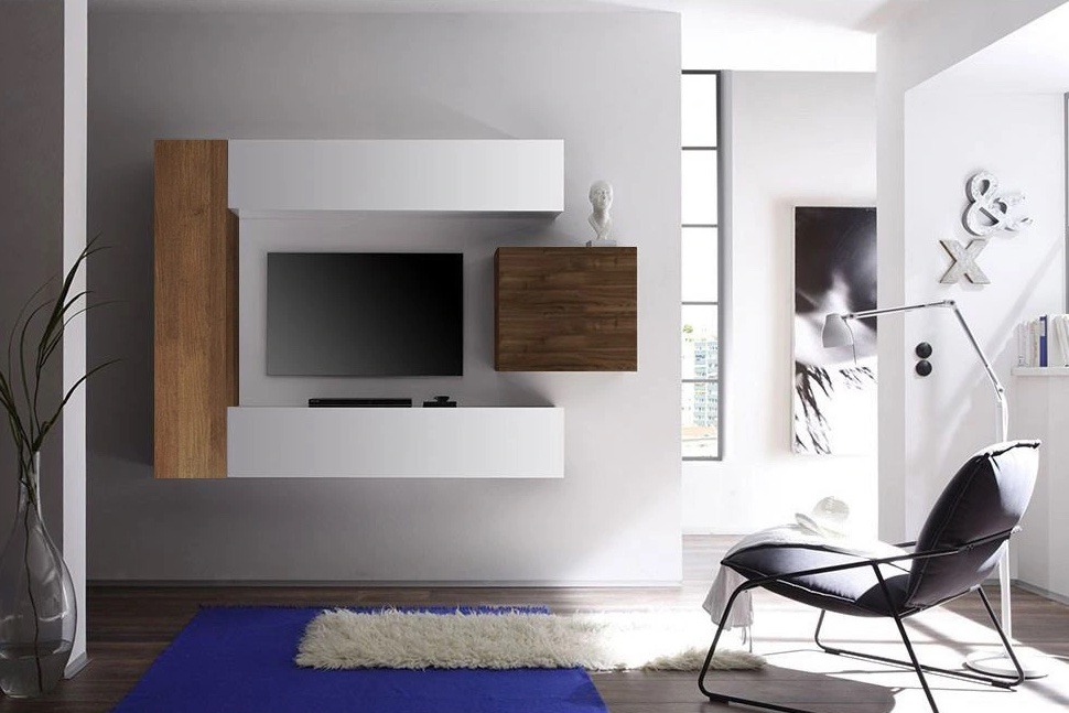 Parete attrezzata moderna di design, Noce Dark, Mercure e laccato bianco - 196x169 cm