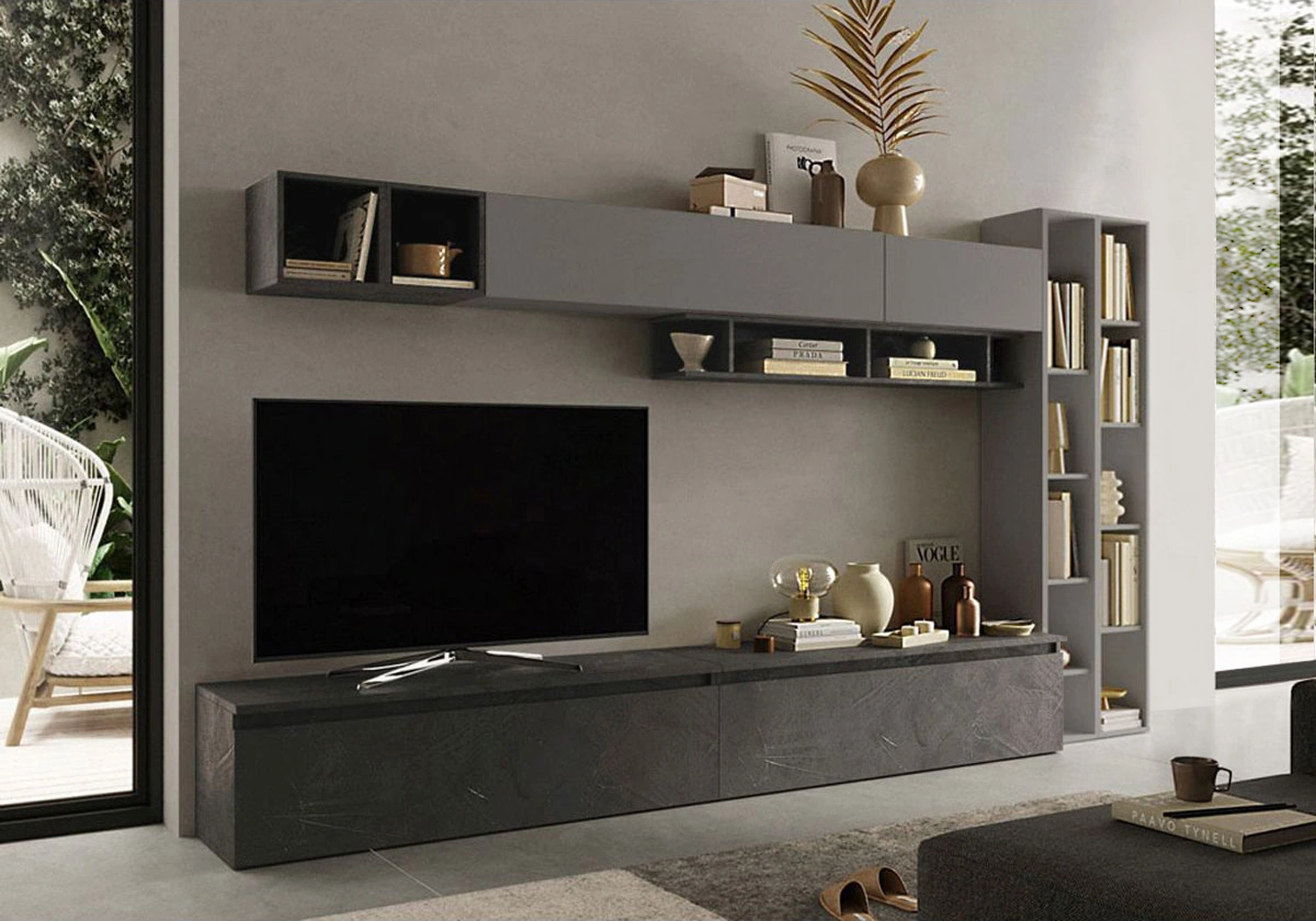 Parete Attrezzata moderna di grandi dimensioni, finitura Ardesia e Piombo