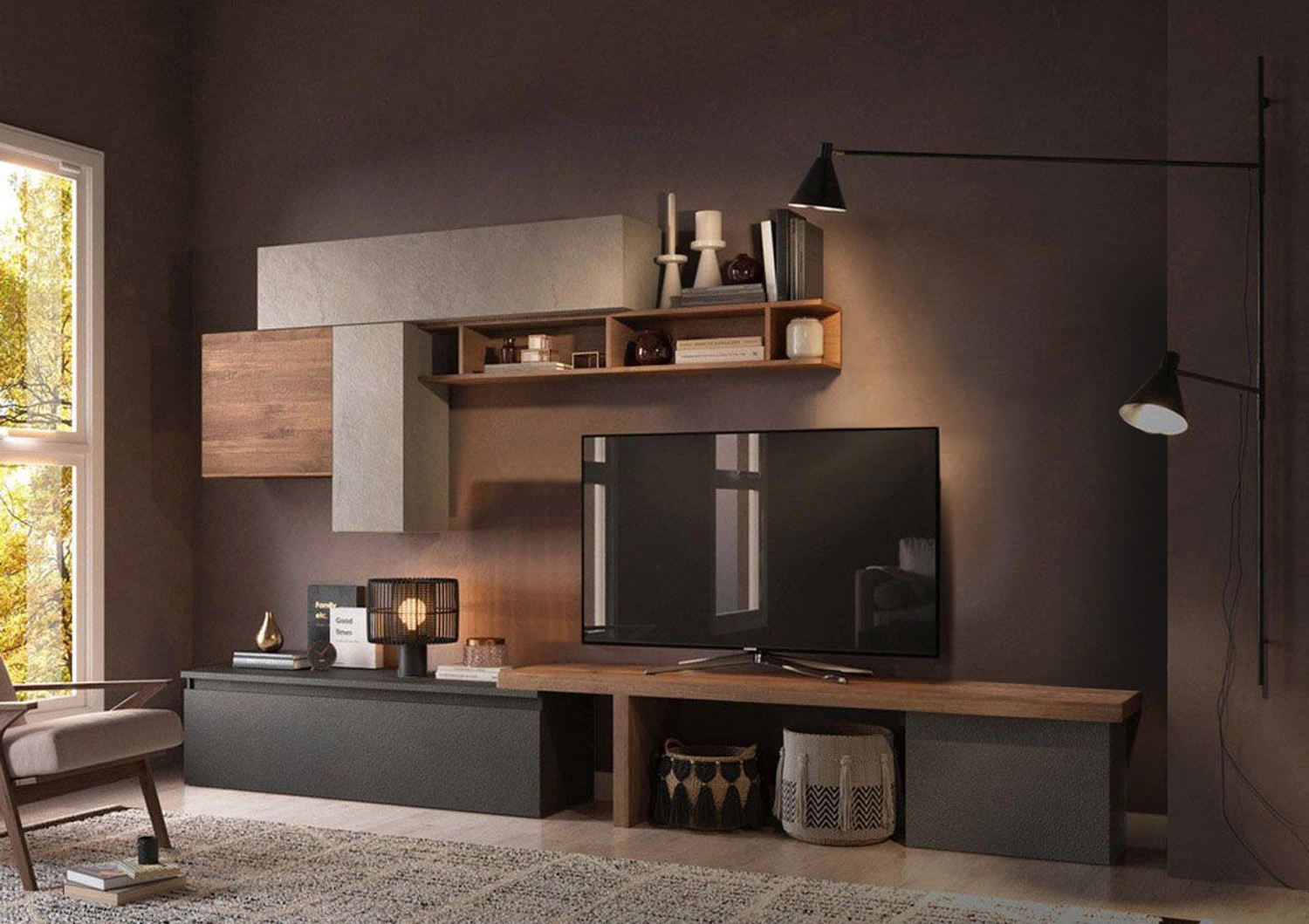 Acquista ora Parete Attrezzata 280x40x202 h cm, Mercure, Argilla e Lava, collezione Logica