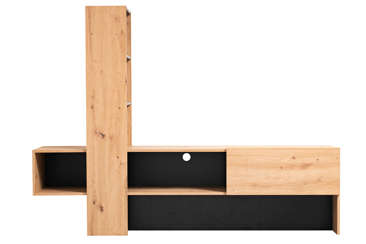 Parete attrezzata Cross, porta tv con libreria finitura Rovere e Nero