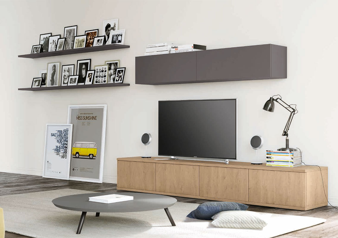 Parete attrezzata con base tv in finitura Royal oak e Grigio titanio