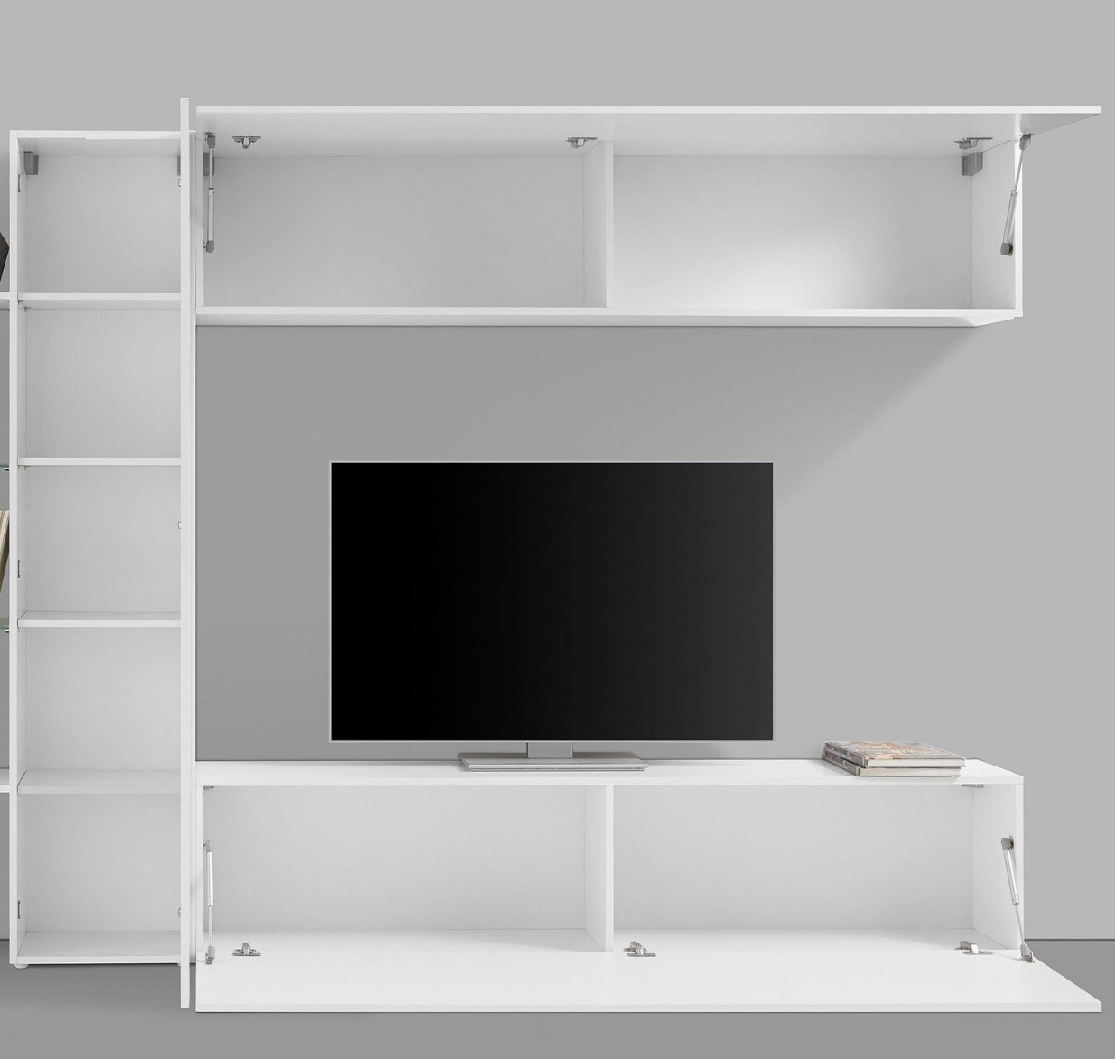 Parete attrezzata con 1 vetrina, 1 colonna e 2 pensili orizzontali, finitura bianco lucido
