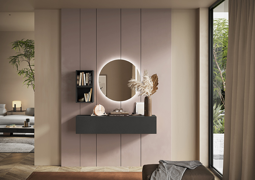 Parete Attrezzata da ingresso moderna con specchio, colore Lava