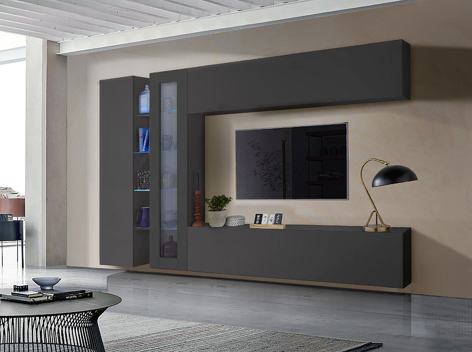 Elegante Parete attrezzata di design con vetrina L.280 cm, finitura Antracite lucido