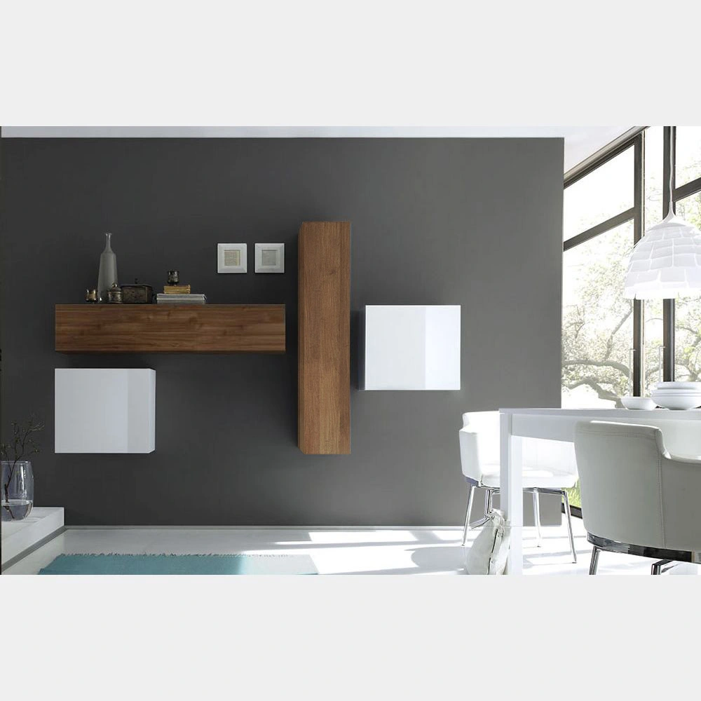 Soggiorno Zenzero, parete attrezzata moderna di design, in legno e laccato bianco - 244x169 cm