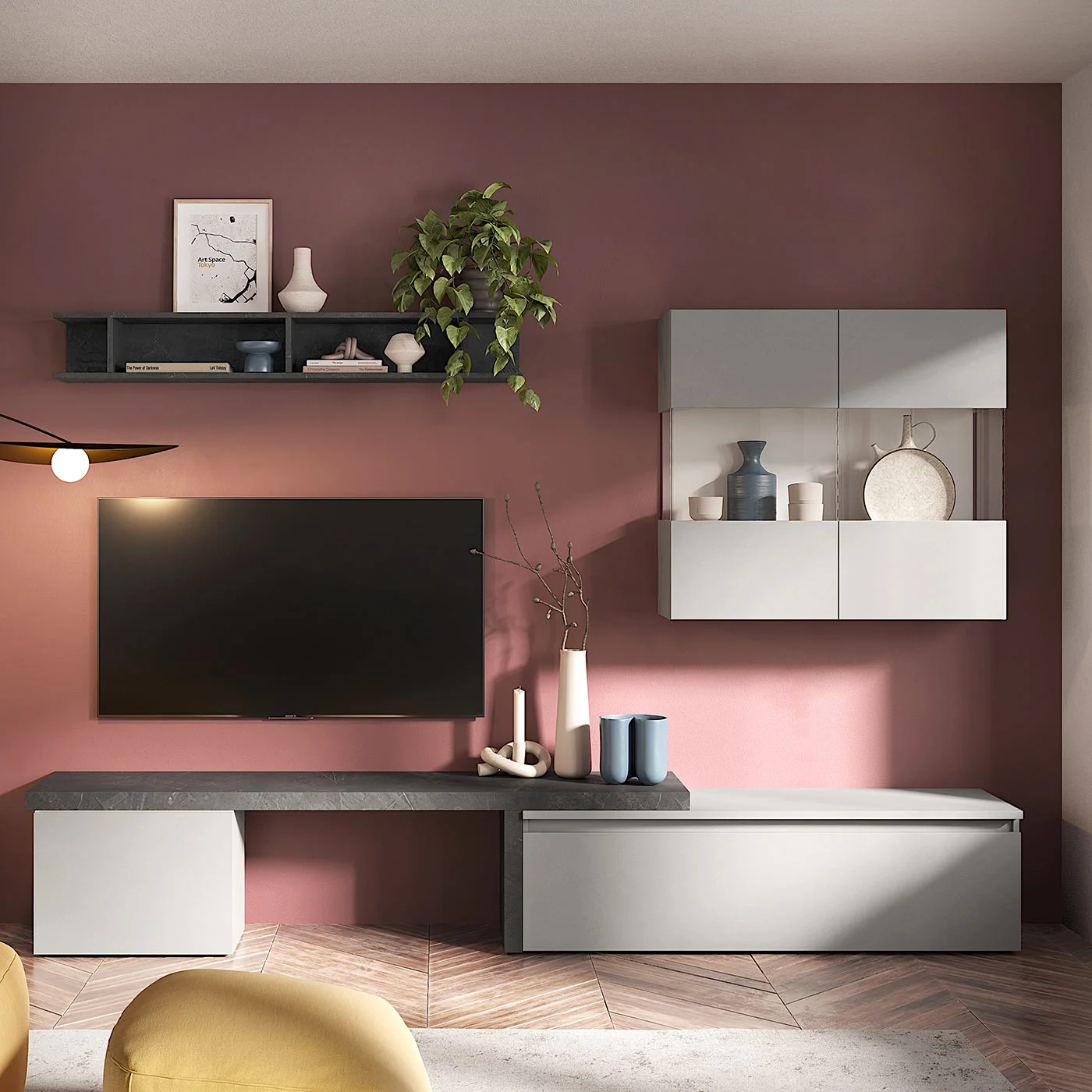 parete attrezzata con vetrina sospesa