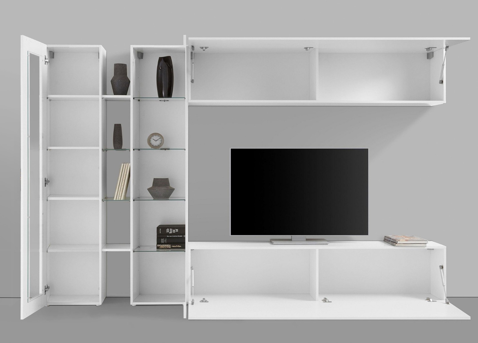 Parete attrezzata di design con vetrina L.280 cm, finitura Bianco lucido 