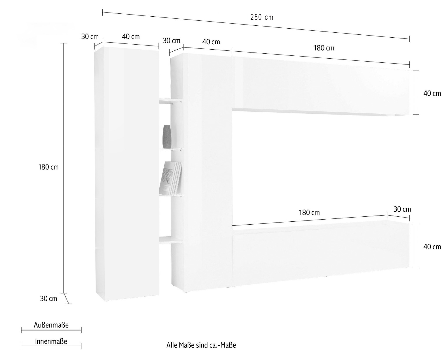 Parete attrezzata economica e moderna con vetrina L.280 cm, finitura Antracite lucido