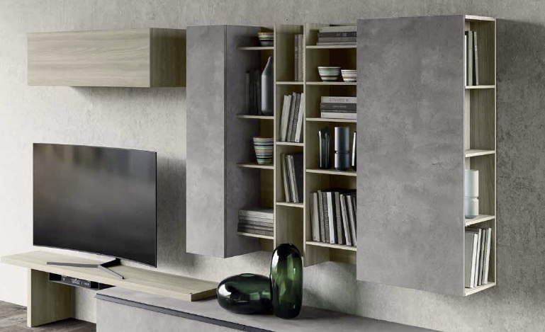 Parete attrezzata di alta qualità con finitura in Petrolio e Rovere tabacco