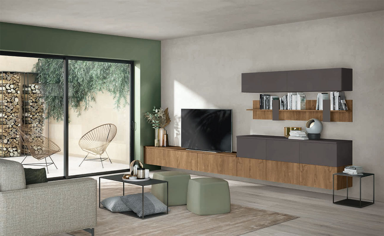 Parete attrezzata sospesa in finitura Rovere Cognac e Grigio titanio