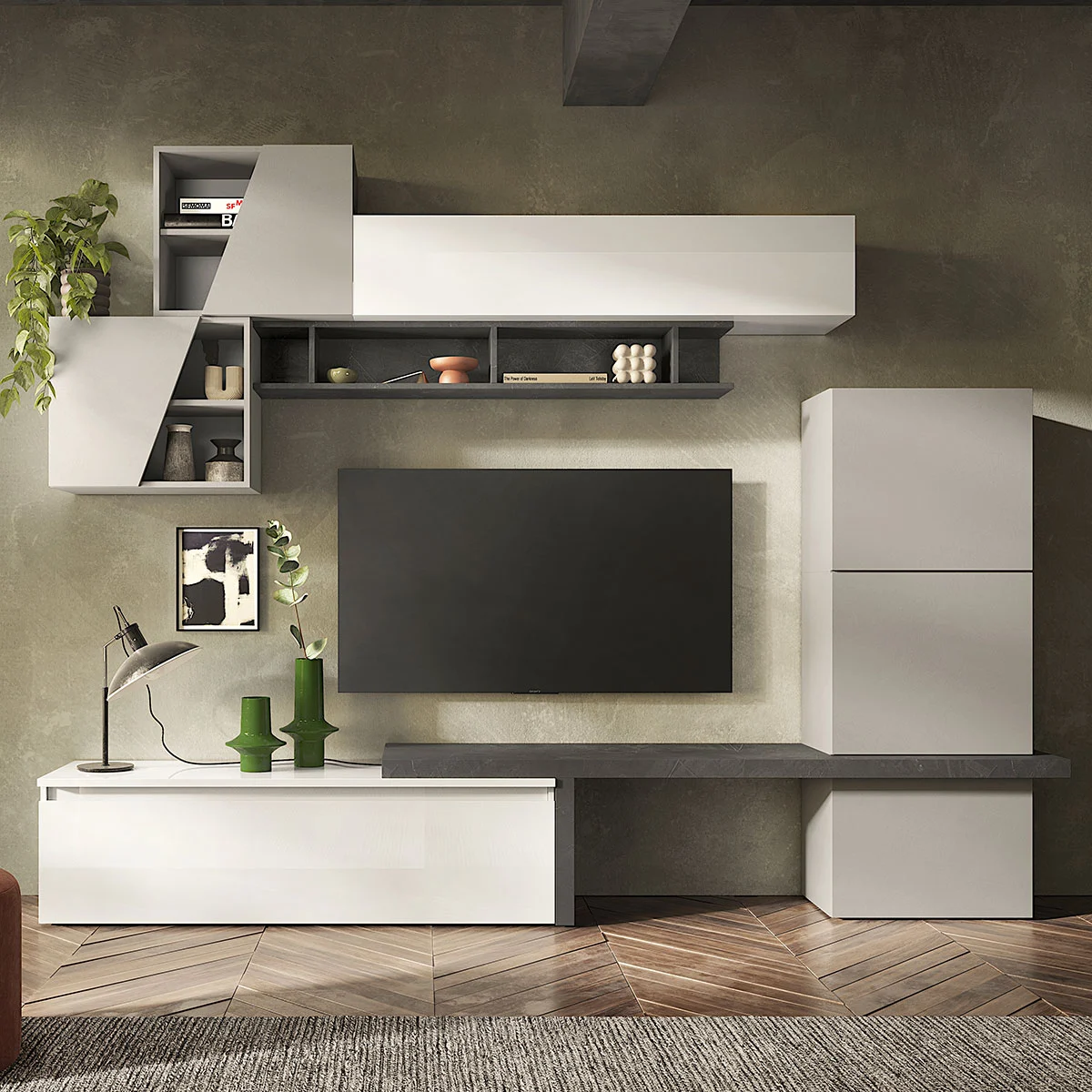 Aggiungi al carrello Parete attrezzata 280x40x202 h cm, Gesso e Bianco, collezione Logica