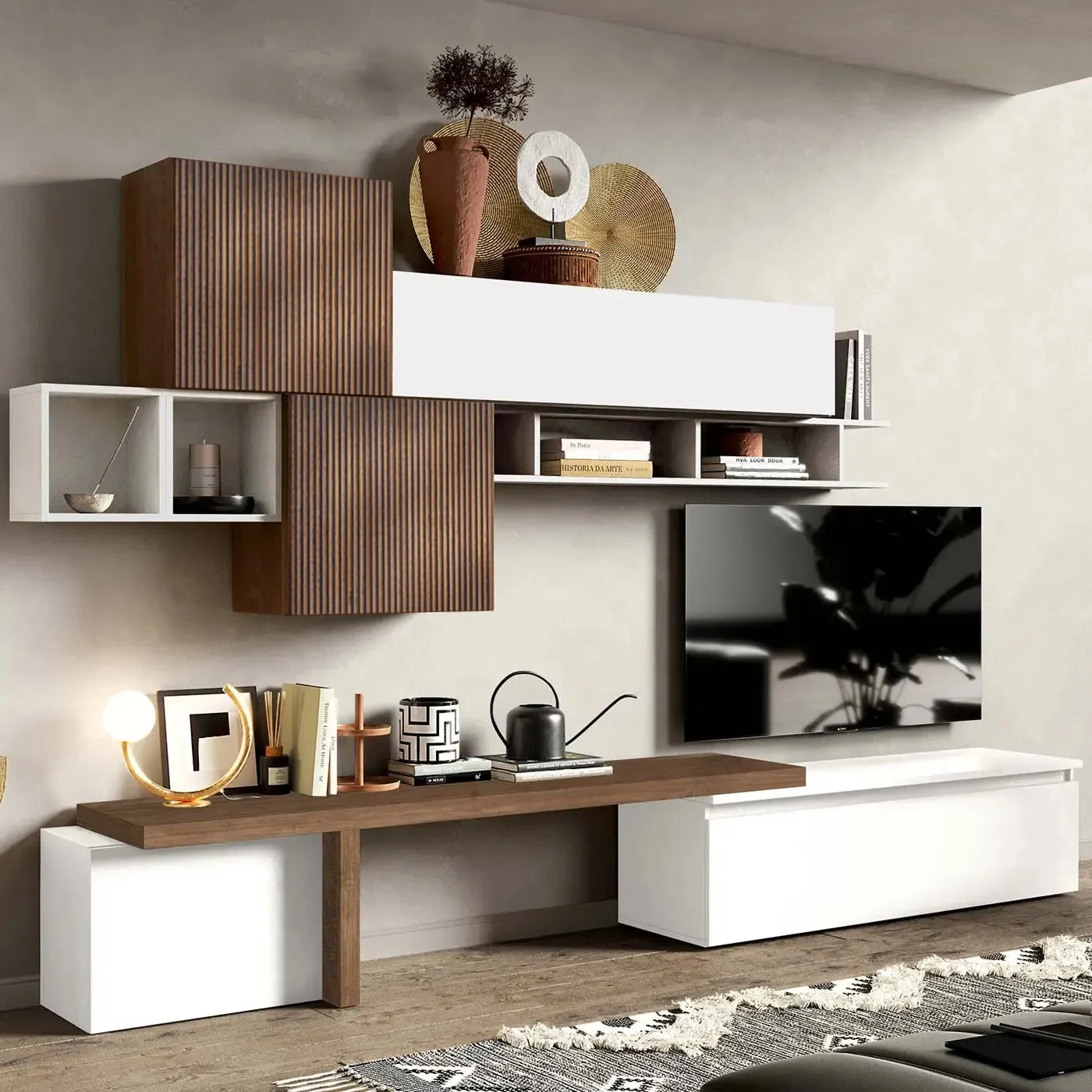 Acquista ora Parete salotto L.330 cm, Bianco lucido e Mercure cannettato, collezione Logica