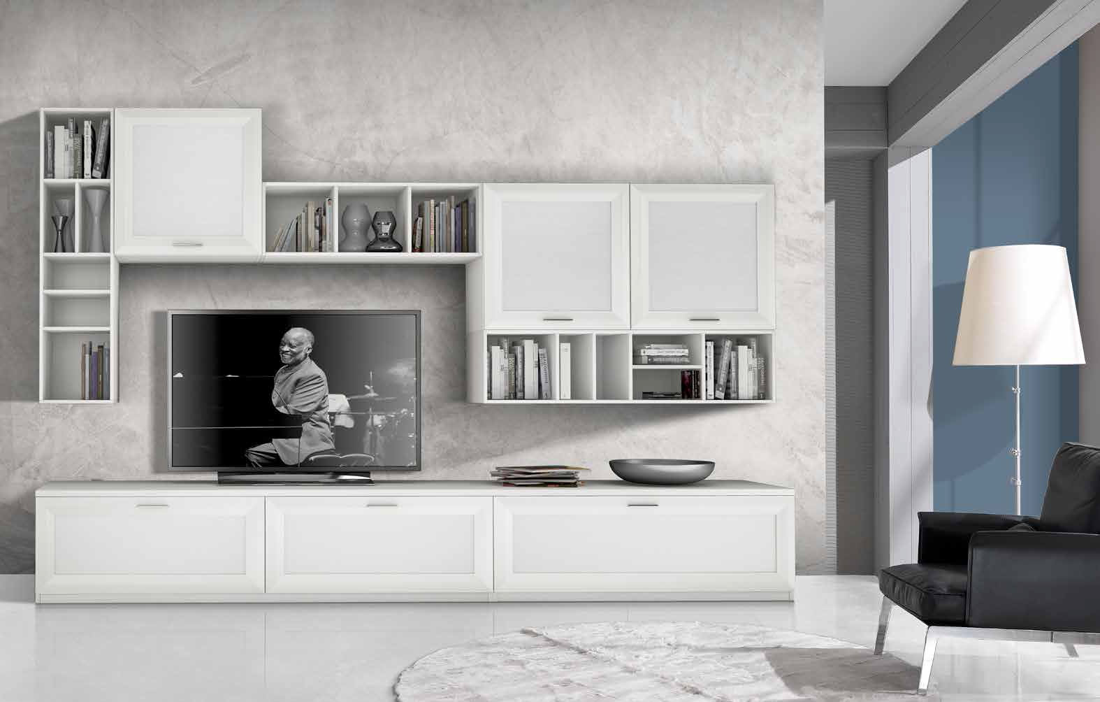 Elegante  Parete attrezzata larghezza 3 metri, Bianco frassinato, Made in Italy