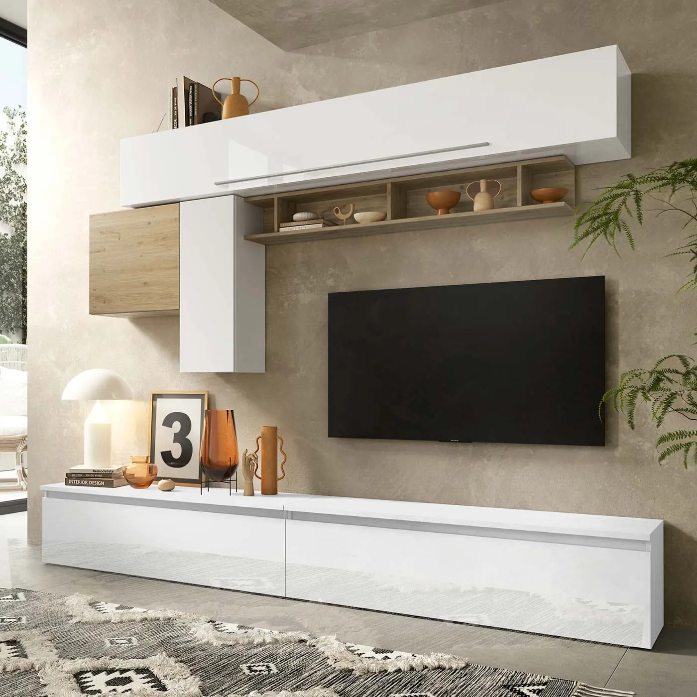 Parete attrezzata Logica, Bianco lucido e Cadiz, con base e pensili, L.276 Zenzero Shop