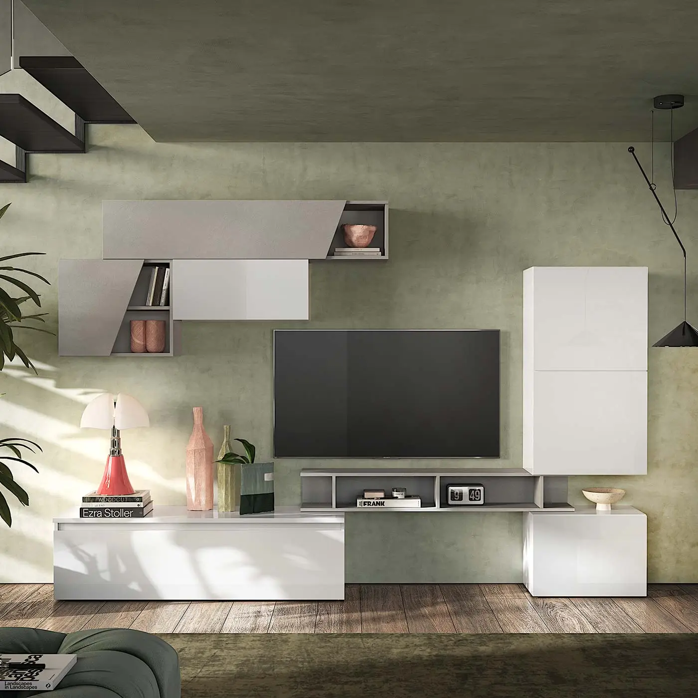 Aggiungi al carrello Parete attrezzata 310x40x210 h cm, Bianco e Gesso, collezione Logica