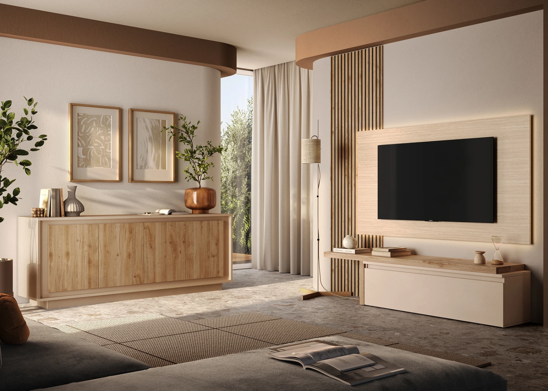 Parete attrezzata a terra, Travertino nobilitato, Cadiz cannettato e Cashmere, L.200