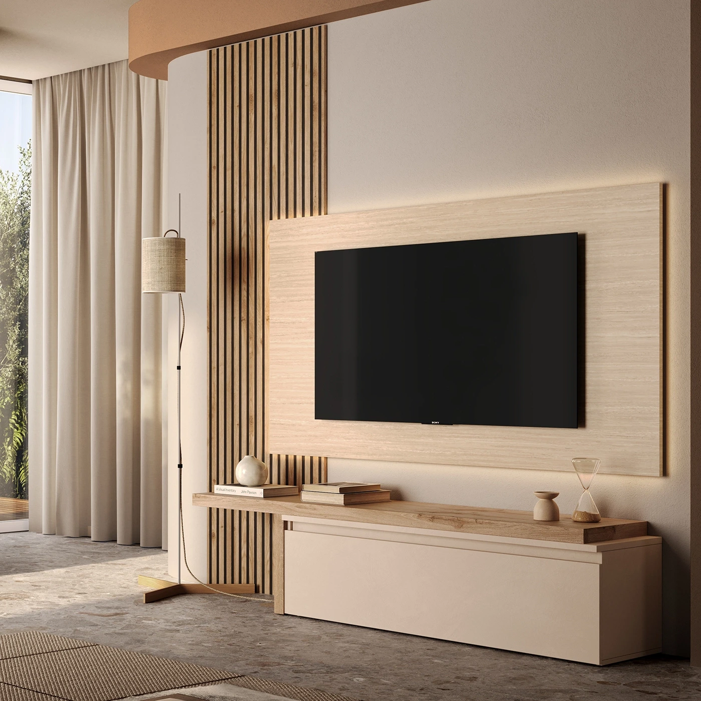 Parete attrezzata a terra, Travertino nobilitato, Cadiz cannettato e Cashmere, L.200