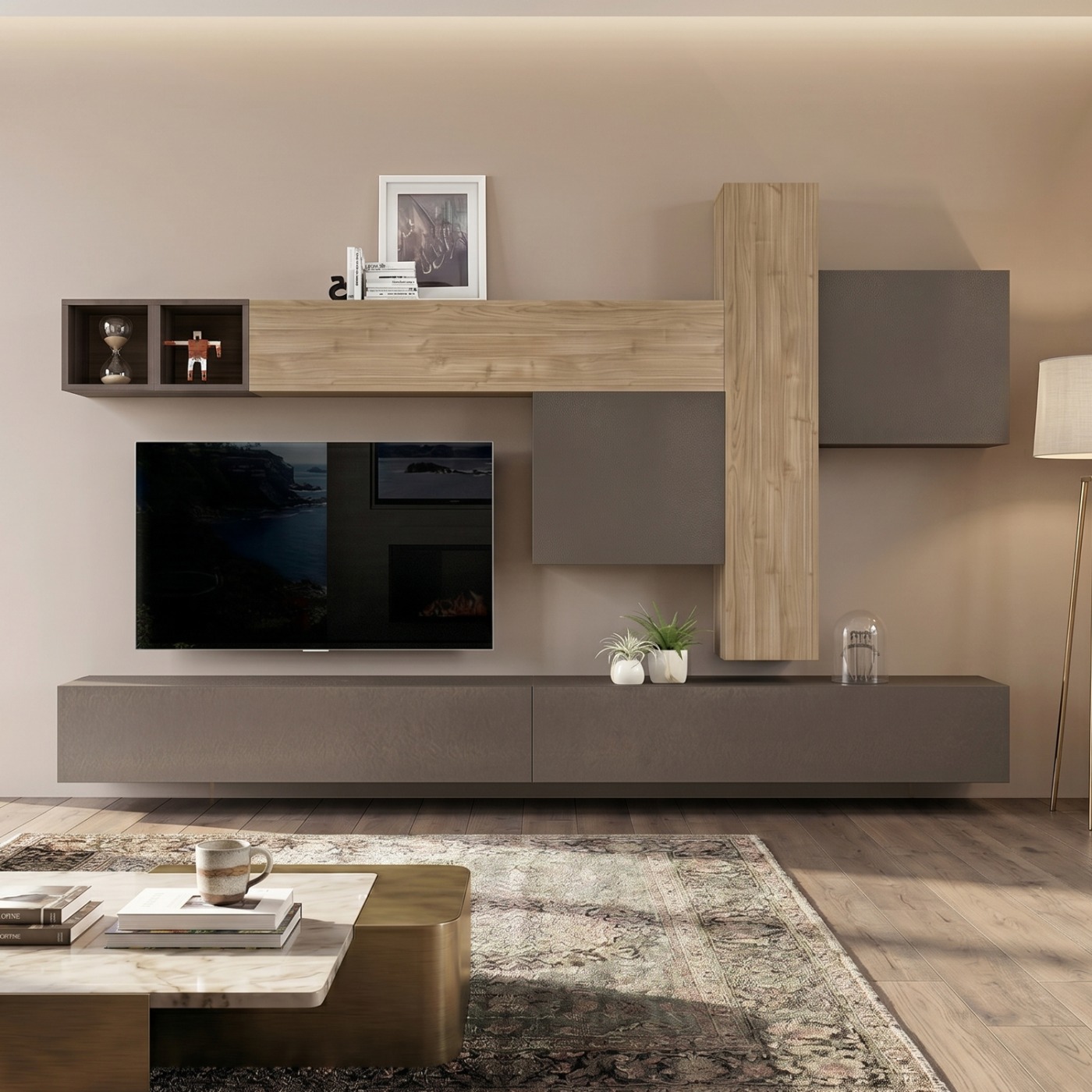 Pareti attrezzate design Soggiorno Zenzero parete attrezzata con ribalte e cubi 