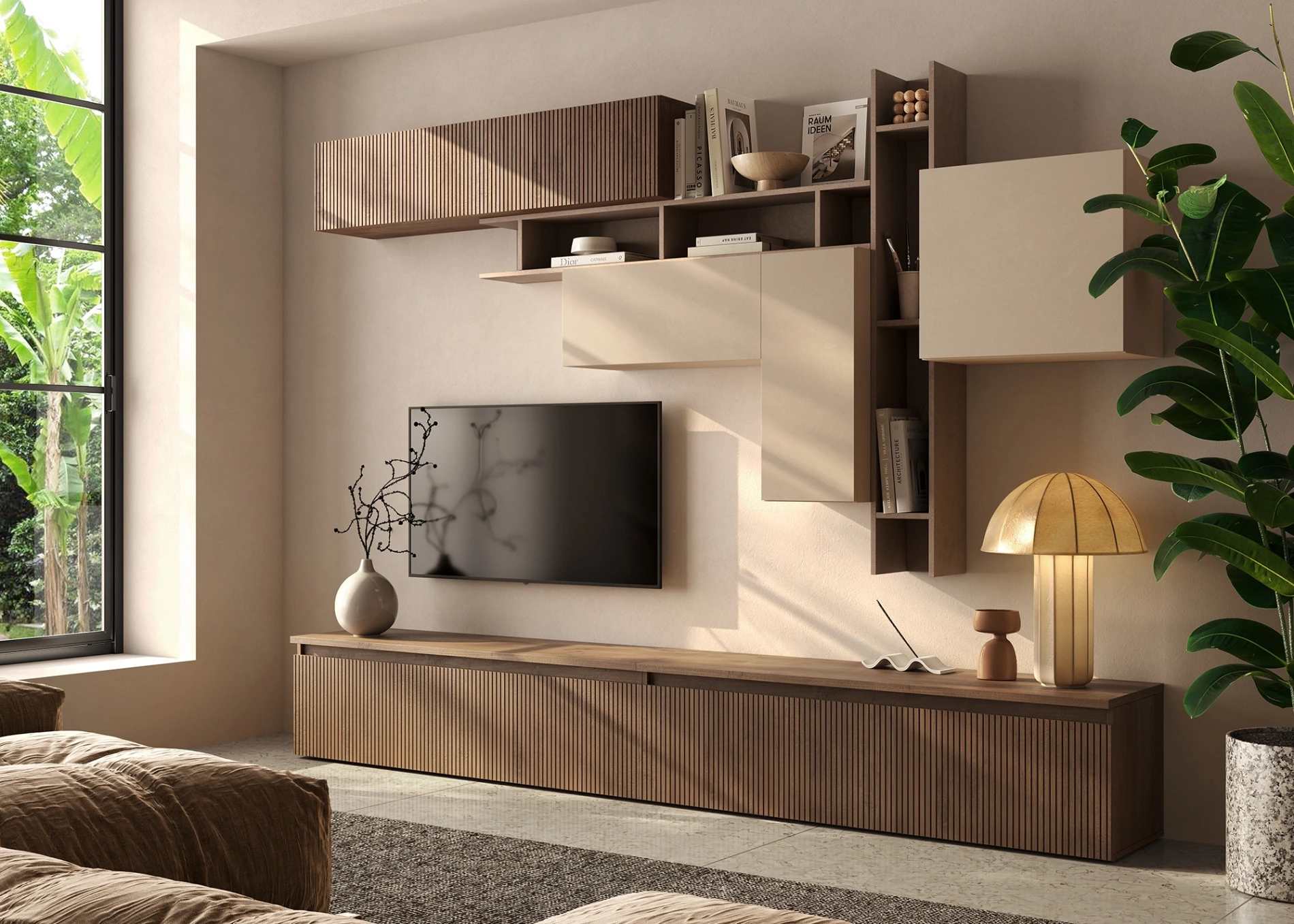 Parete attrezzata Mercure cannettato, Bronzo e Cashmere, L.276 H.170