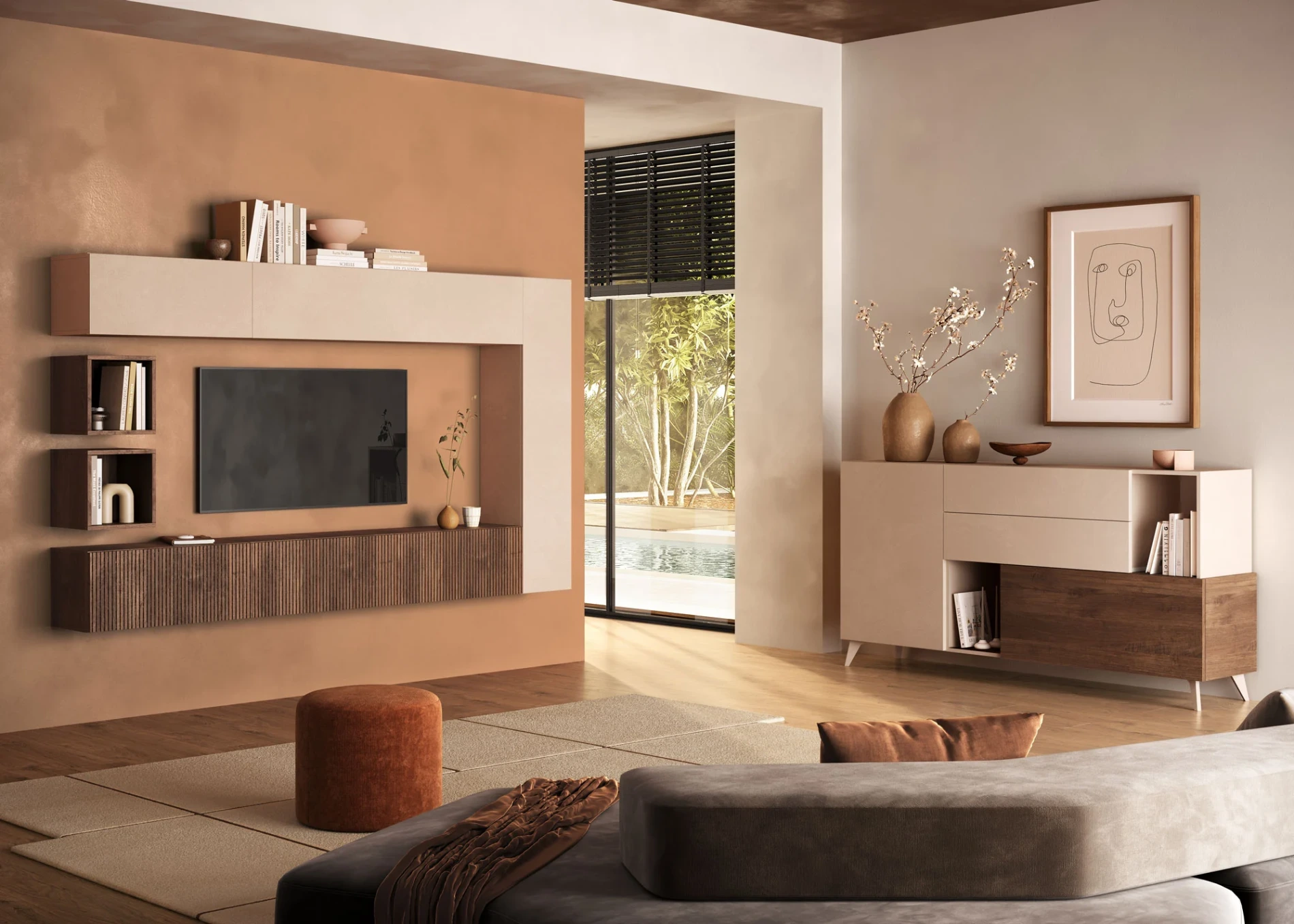 Parete attrezzata moderna sospesa, L.236 H.180, Mercure cannettato e Cashmere