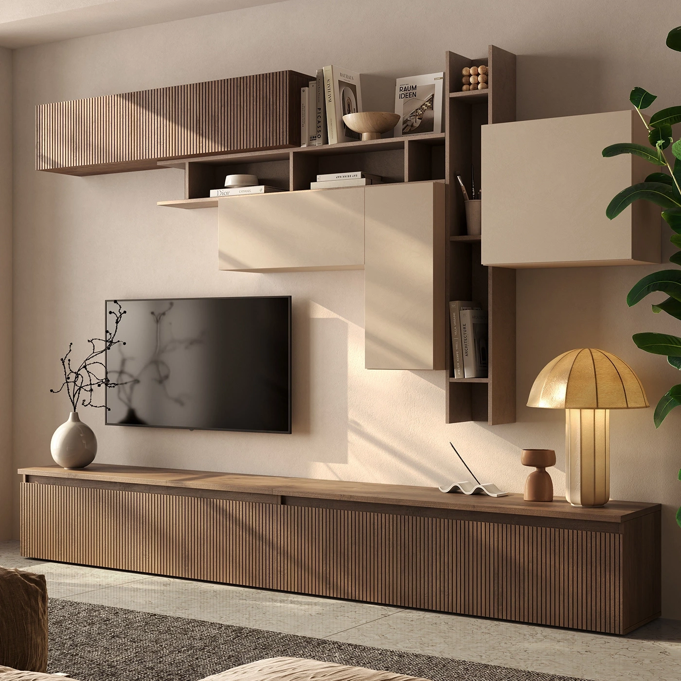 Parete attrezzata Mercure cannettato, Bronzo e Cashmere, L.276 H.170