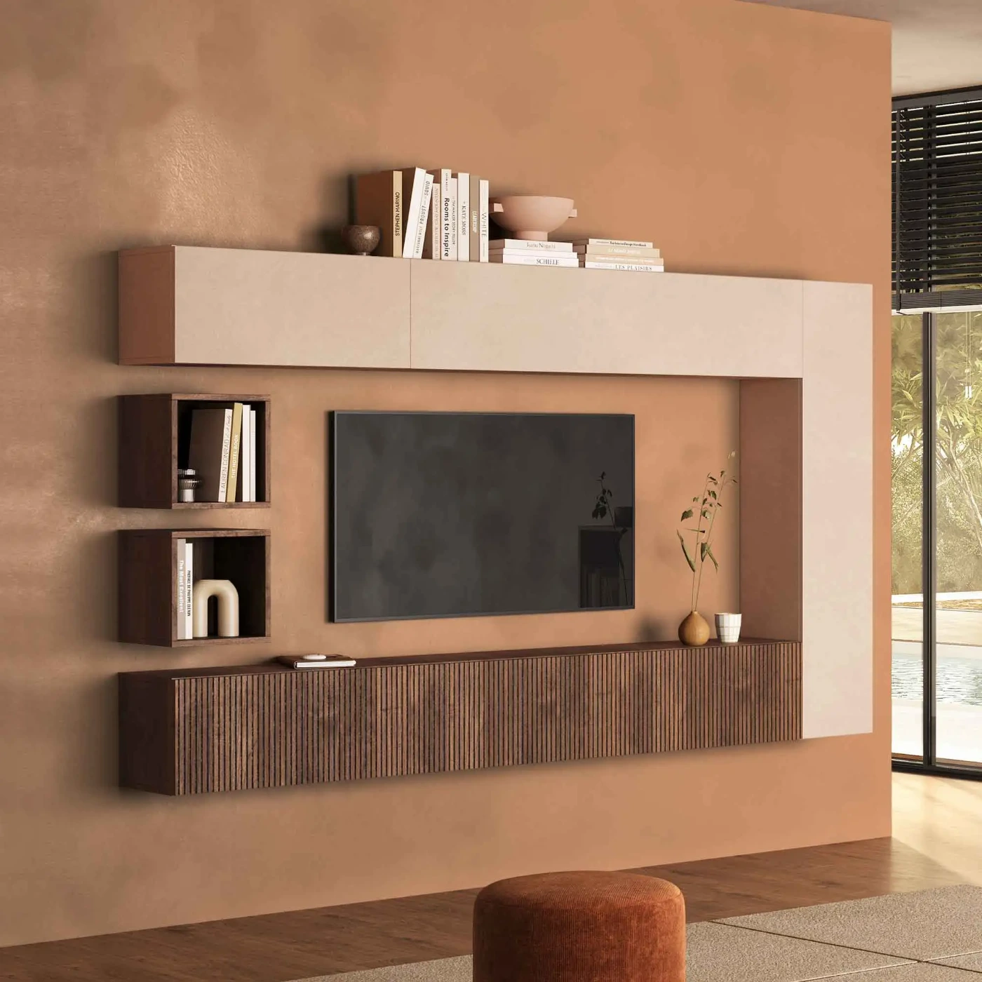 Parete attrezzata moderna sospesa, L.236 H.180, Mercure cannettato e Cashmere