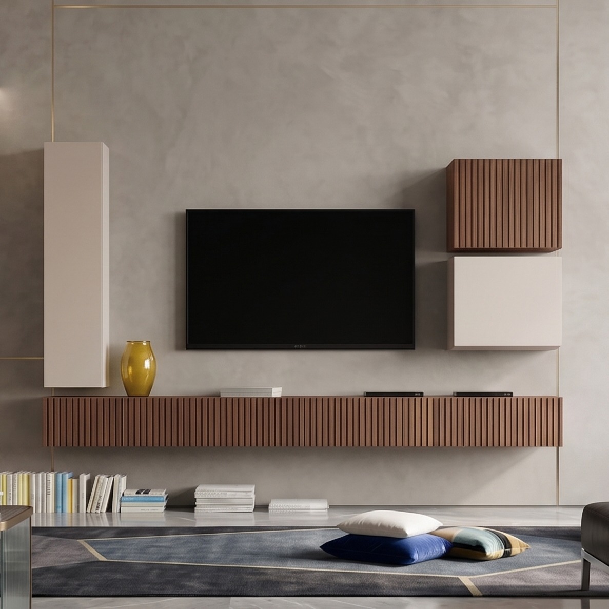 Parete attrezzata moderna in finitura Cashmere e Cannettato Mercure