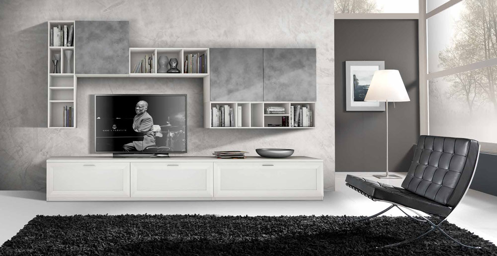 Parete attrezzata larghezza 3 metri, Bianco Frassinato e Spatolato Grafite, Made in Italy