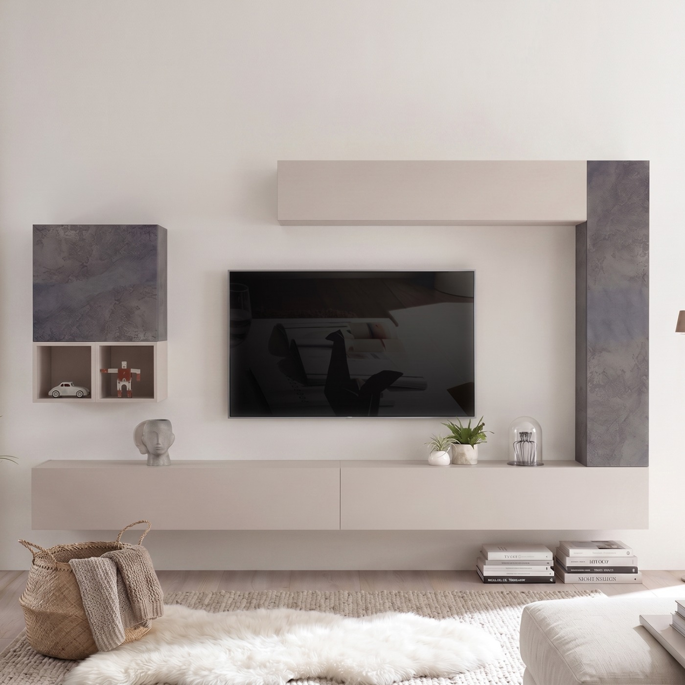 Soggiorno Zenzero moderno, parete attrezzata con con ribalte, pensili, cubi e vani a giorno, Piombo e Cashmere