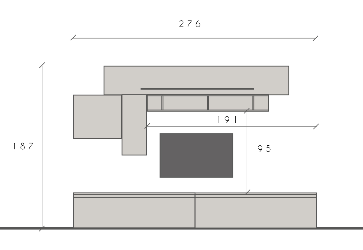 Mobili da Parete Soggiorno di design L.276 colore Gesso, Cadiz e Bianco lucido