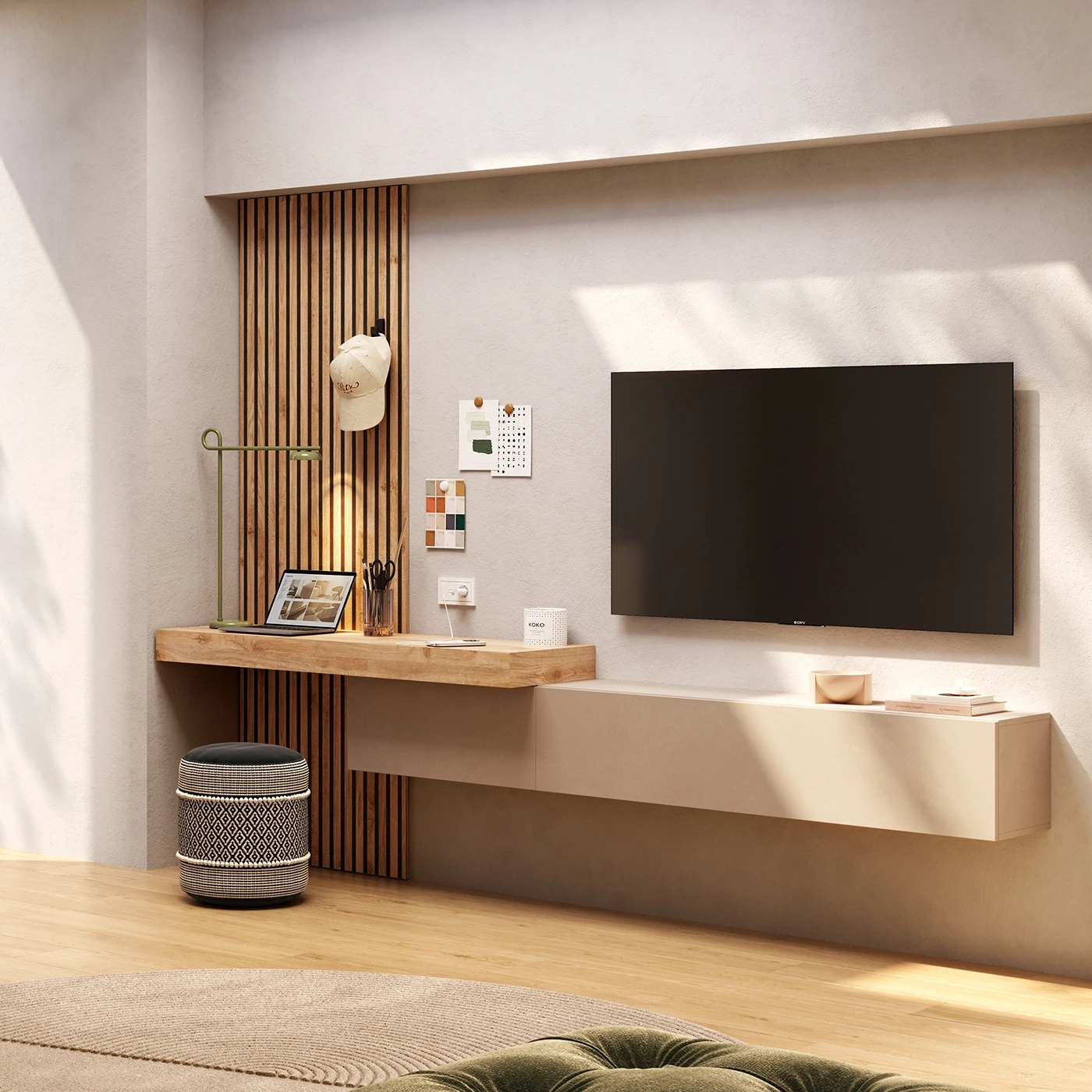 Parete attrezzata sospesa con boiserie, Cashmere e Cadiz cannettato