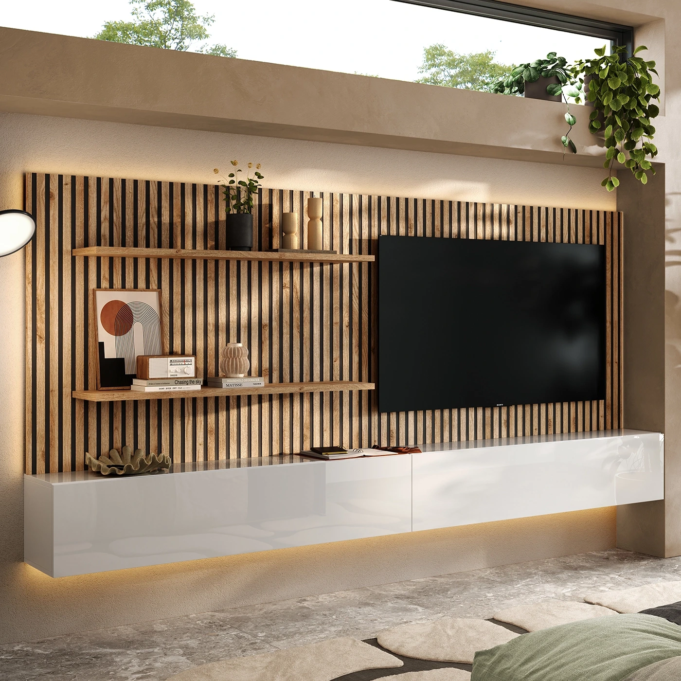 Parete attrezzata con boiserie con mensole e ribalte, Cadiz cannettato e Bianco