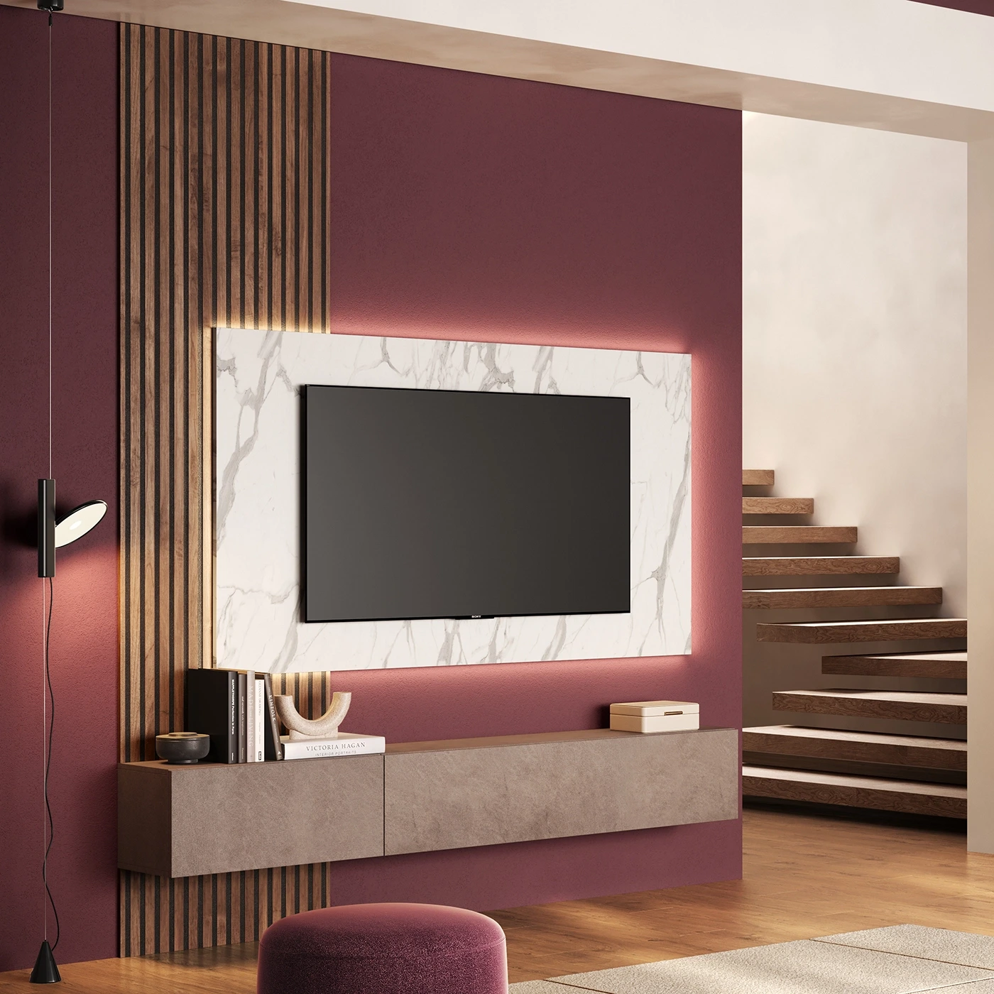 Parete attrezzata con boiserie, pannello tv e ribalte, Bronzo, effetto Marmo bianco, Mercure cannettato