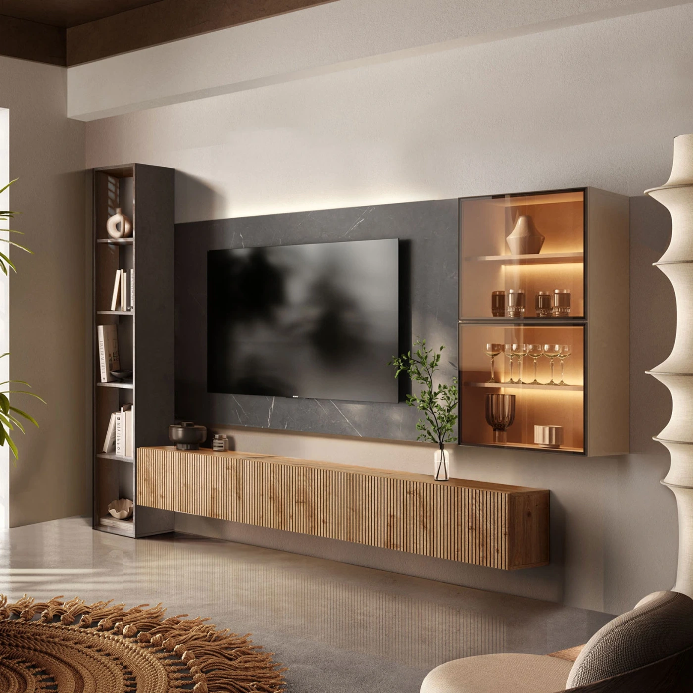 Parete attrezzata con pannello tv, Bronzo, Argilla, Cadiz Cannettato ed effetto Marmo nero