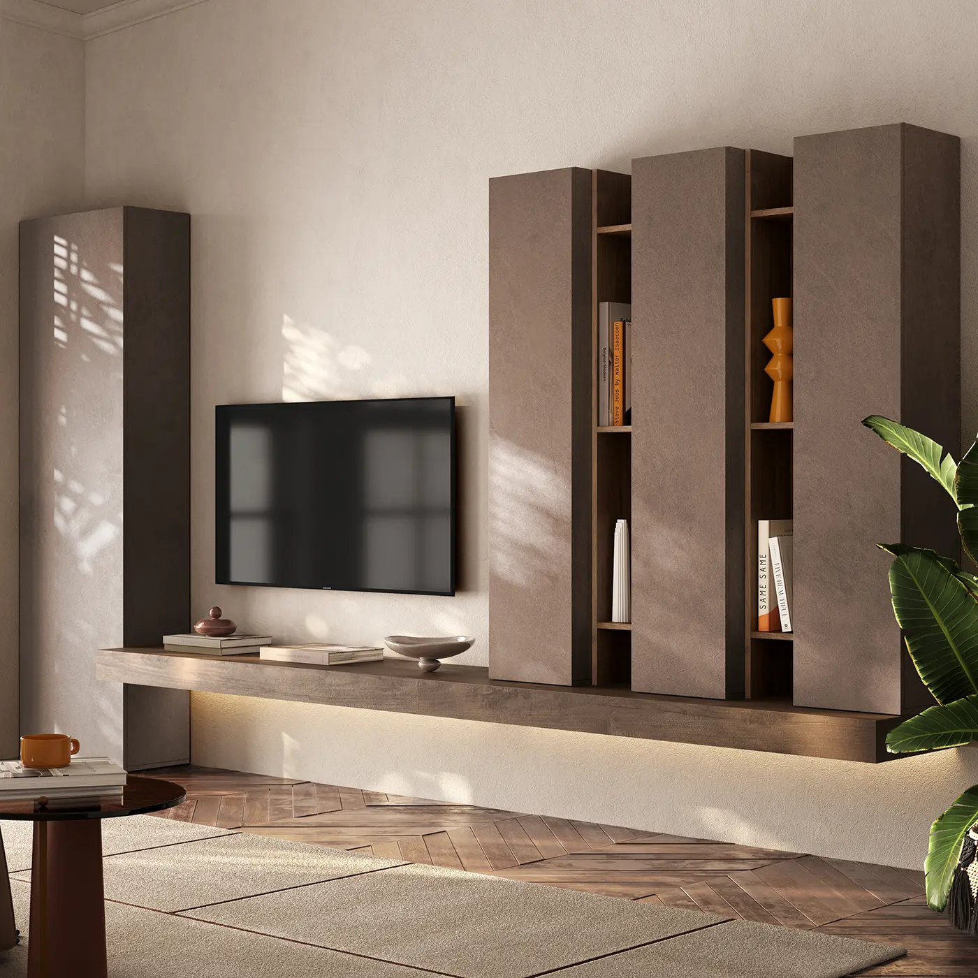 Parete attrezzata moderna, L.330 H.186, Mercure e Bronzo