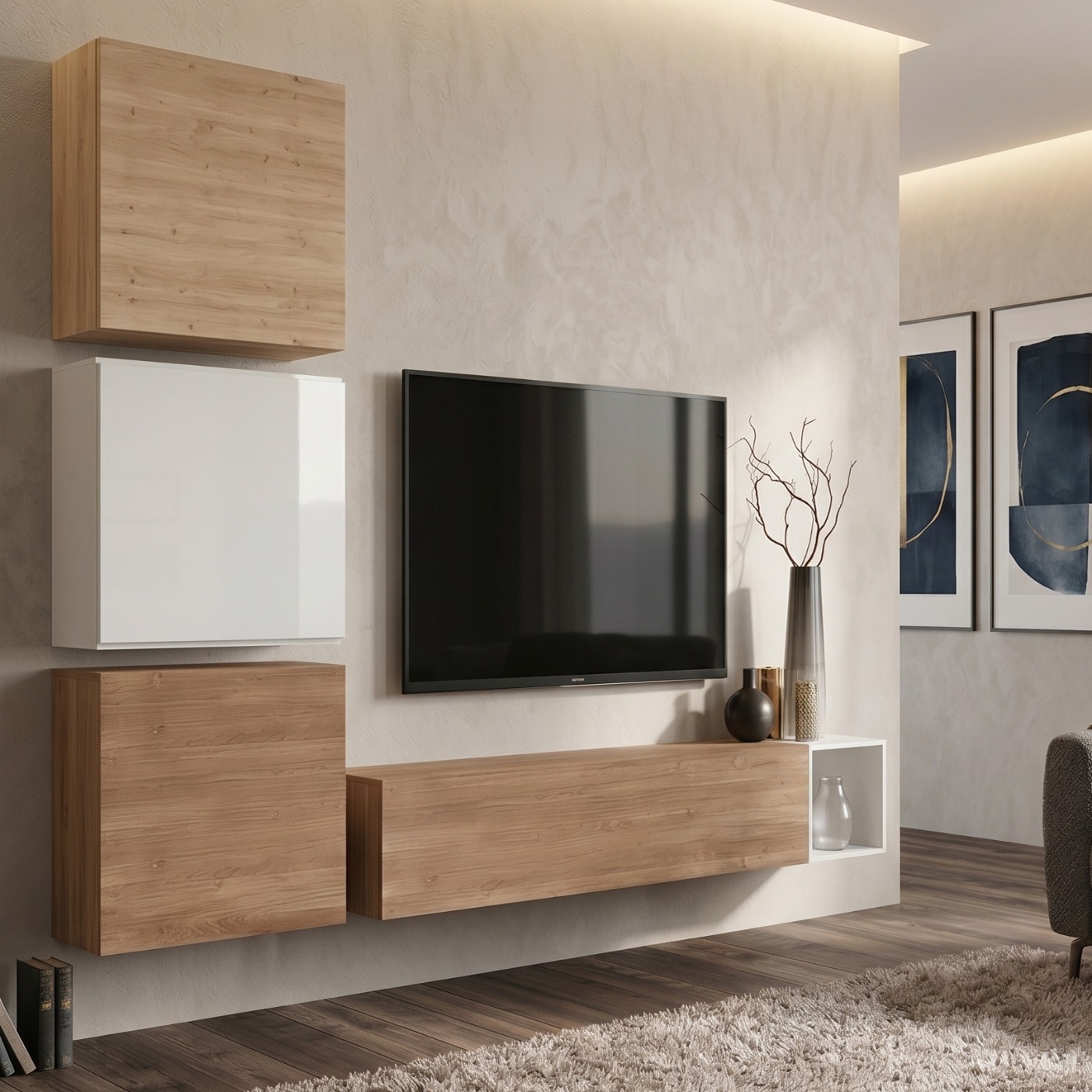 Parete attrezzata moderna scontata, finitura Mercure, Cadiz e Bianco