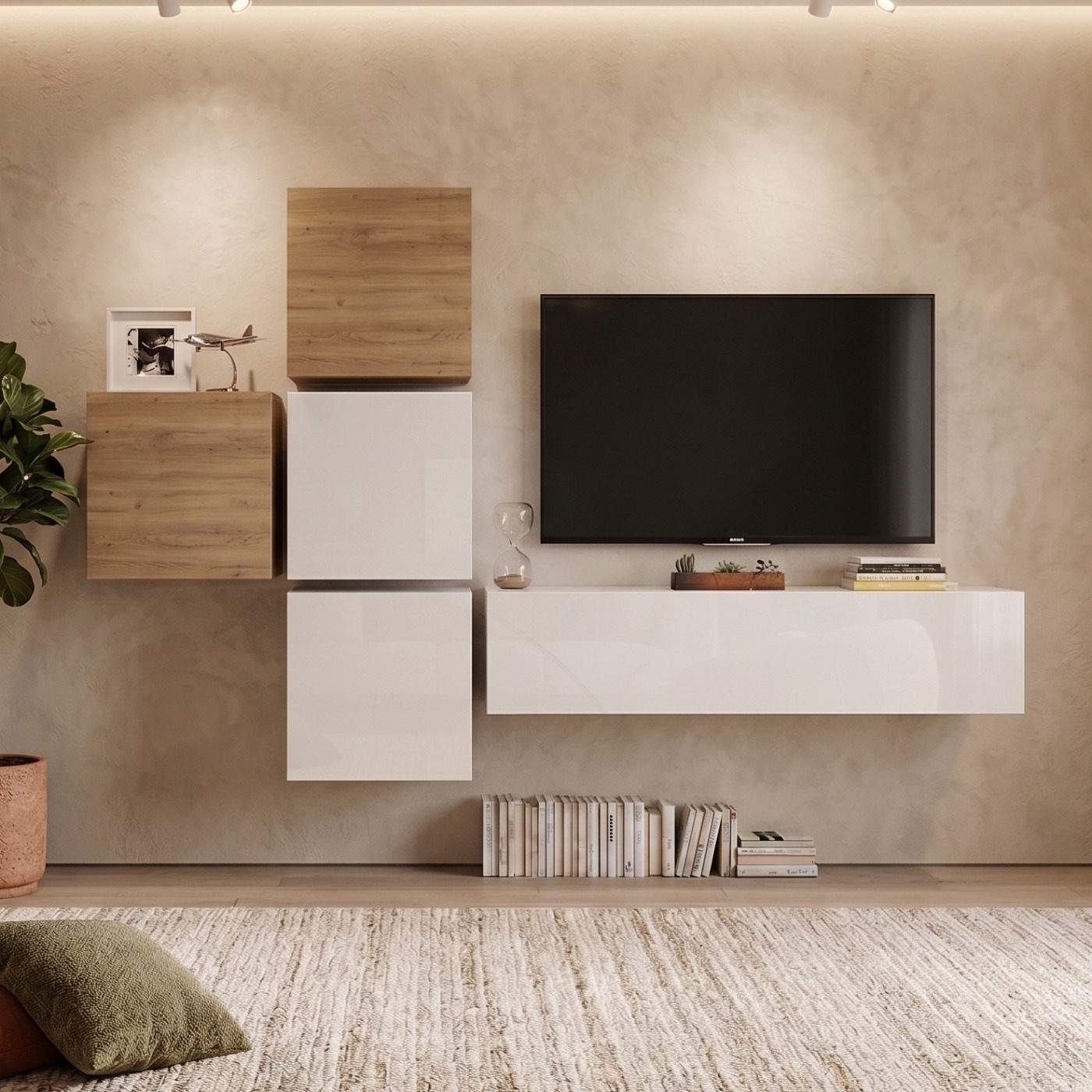 Parete attrezzata moderna di design, Cadiz e Bianco Lucido - 327x169 cm