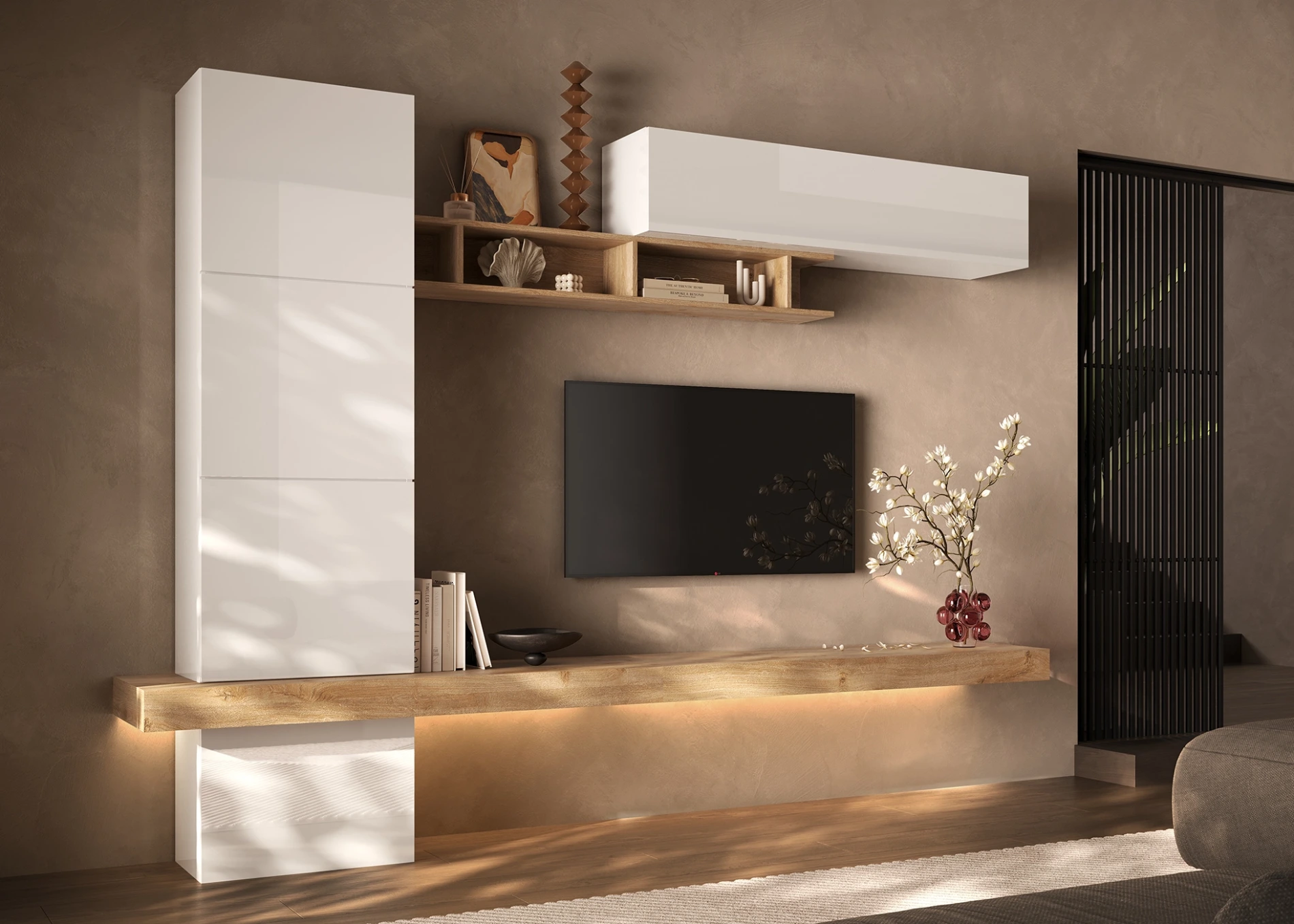 Parete attrezzata moderna, Bianco lucido e Cadiz, L.276