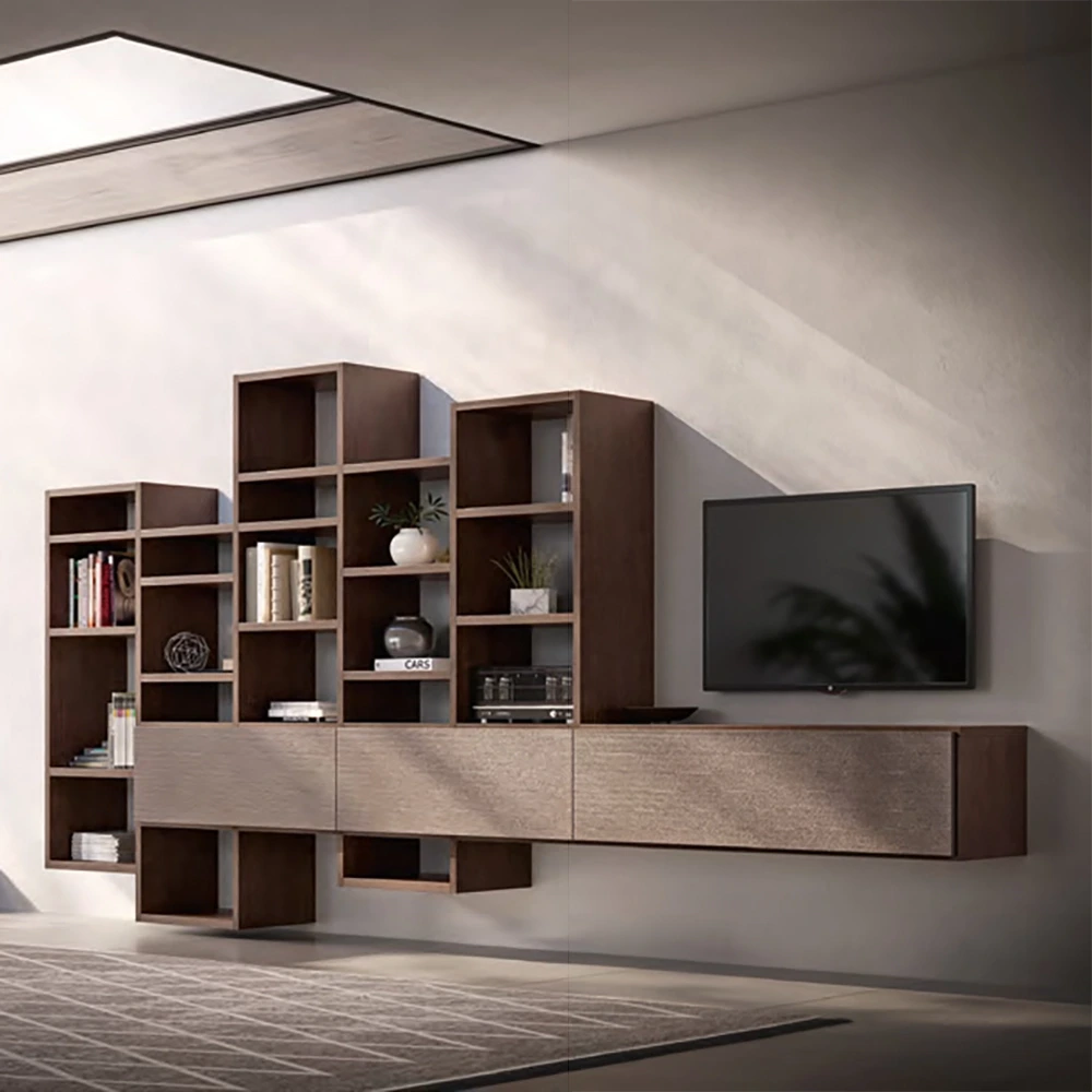 Parete attrezzata SKT39 Tomasella, con libreria, Paglia Bronzo e Rovere moka