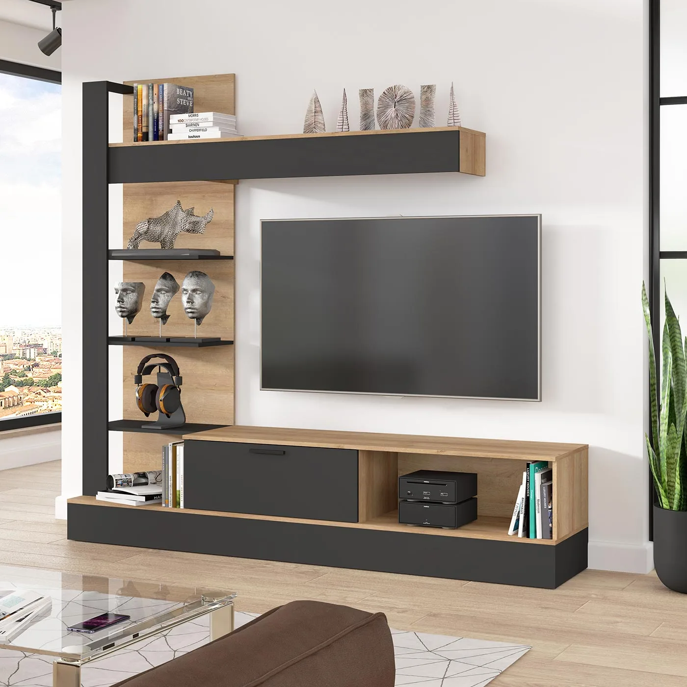 parete attrezzata nera e rovere